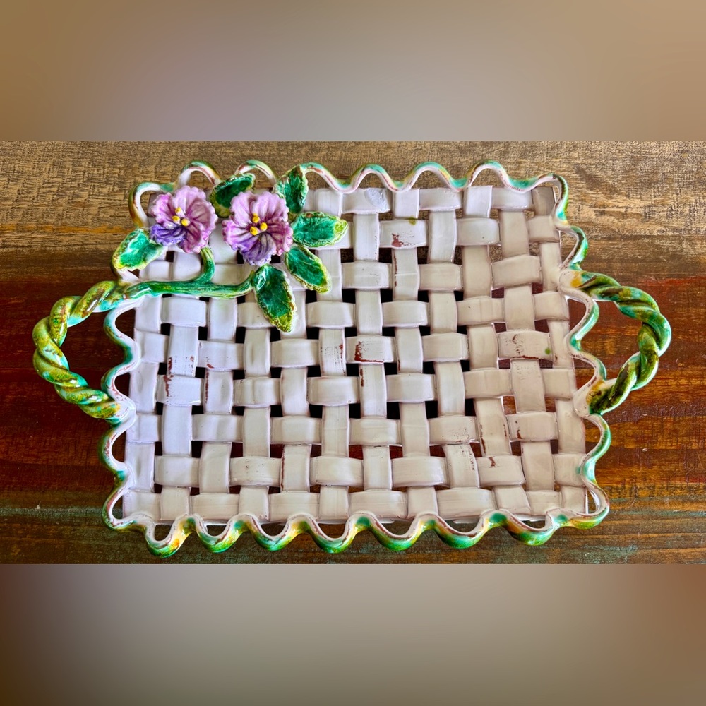 Vintage Italian Majolica Weave Ceramic Tray / Platter W/ Pansies Large Rare MCM